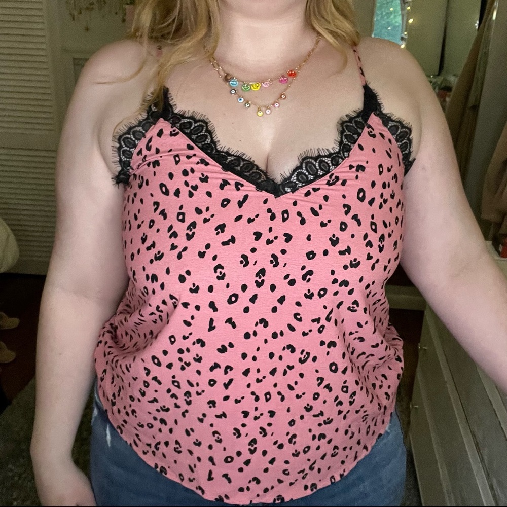H&M Pink and black leopard print lace slip camisole